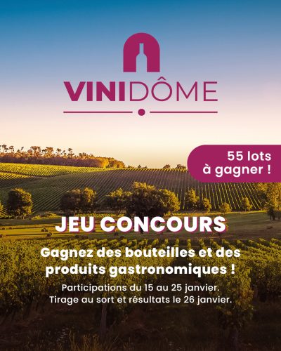 jeu concours Vinidôme 2026 avec des bouteilles et des produits gastronomiques à gagner en répondant à un quiz